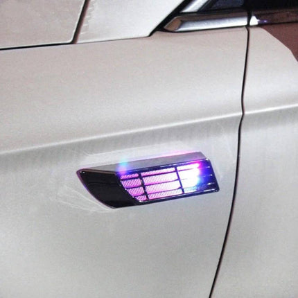 Car Body Side Solar Colorful Strobe Warning Light For Nighttime Safety mounted on car side showing multicolor flashing LED for roadside visibility