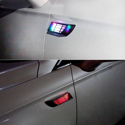 Car Body Side Solar Colorful Strobe Warning Light For Nighttime Safety mounted on car side showing multicolor and red strobe for roadside visibility