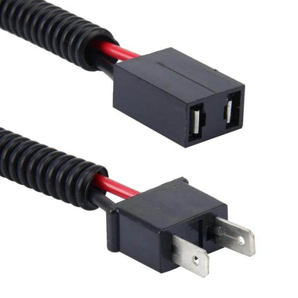 H7 Car Headlight Conversion Cable Pair For Easy Plug And Play showing pre-wired plug-and-play H7 connector and metal blade plug