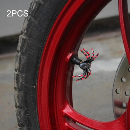 2 Pack Spider Shape Tire Valve Caps For Cars Motorcycles Bicycles on red motorcycle wheel showing spider-shaped cap installed