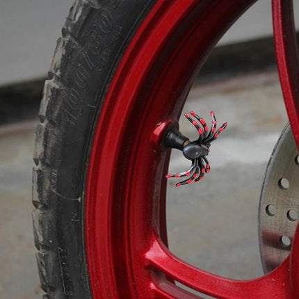 2 Pack Spider Shape Tire Valve Caps For Cars Motorcycles Bicycles - red spider valve cap mounted on motorcycle wheel, decorative universal fit 2-pack