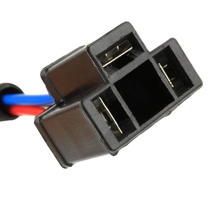 Automotive Headlight Bulb Adapter Socket For LED Conversion, 1 Pair close-up of 9007 H4 plastic socket with red blue black wires