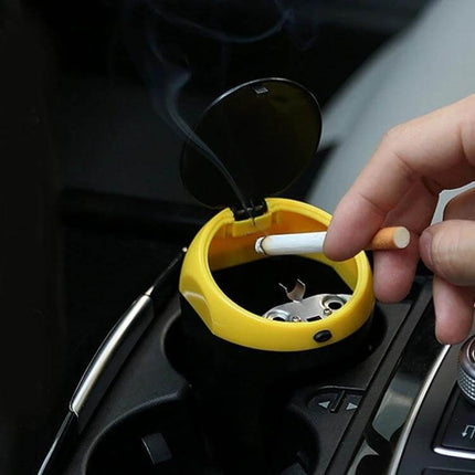 Portable Green Car Trash Bin with Ashtray for Everyday Use in car cup holder, yellow model shown with removable ashtray, keeps vehicle clean