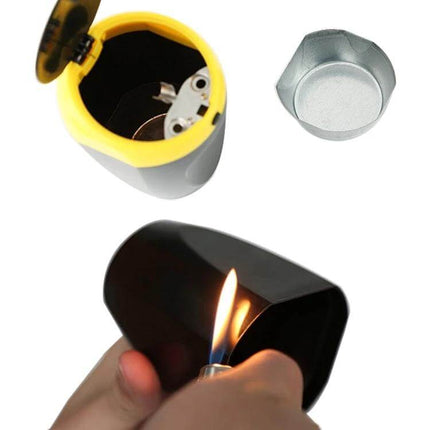 Portable Green Car Trash Bin with Ashtray for Everyday Use shown open with removable ashtray and demonstration of integrated lighter-safe compartment