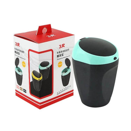 Portable Green Car Trash Bin with Ashtray for Everyday Use - compact green and black car trash can with removable ashtray next to retail box