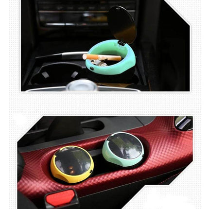 Portable Green Car Trash Bin with Ashtray for Everyday Use placed in car cup holder showing removable ashtray and compact design