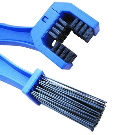 Blue Nylon Chain Cleaning Brush for Motorcycles and Bikes shown close-up with U-shaped bristle head and long nylon bristle scrubber