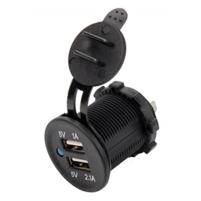 Car And Motorcycle Dual USB Charger For Everyday Use compact dual-port 5V 1A and 5V 2.1A panel mount with protective cap