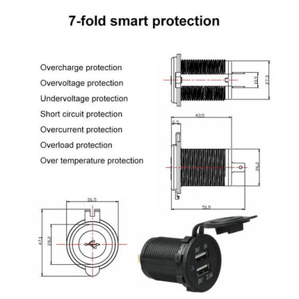 Car And Motorcycle Dual USB Charger For Everyday Use compact dual-port 12–24V charger with 7-fold smart protection and panel dimensions