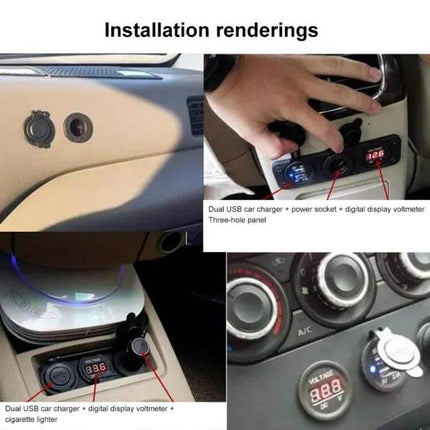 Car And Motorcycle Dual USB Charger For Everyday Use installed in car dashboard panel showing dual USB ports and digital voltmeter