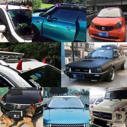 Durable Waterproof Rubber Exterior Horn for Car Decoration mounted on various car roofs and hoods, showing red rubber horn accessories