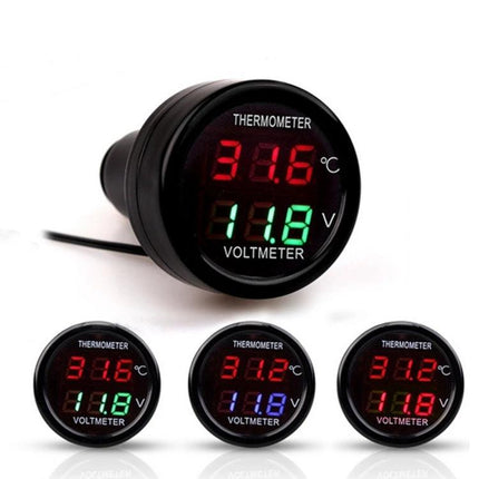 Car Voltage and Temperature Monitor for Daily Vehicle Checks - dashboard voltmeter and thermometer display with red temp and green voltage readouts