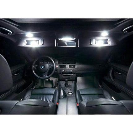 White LED Vanity Mirror Lights For BMW Easy Plug And Play Kit illuminating BMW interior cabin with bright white vanity mirror LEDs