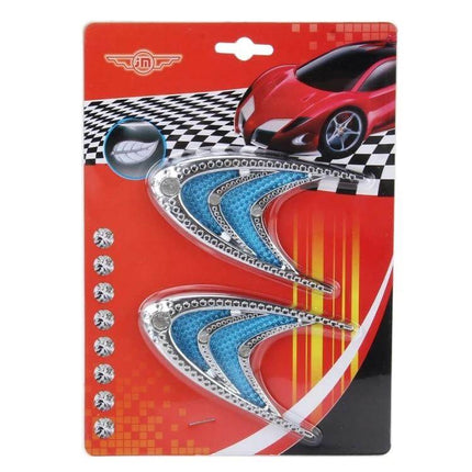 Silver and Blue Car Decorative Stickers, 2 Pieces, 10x5 cm Size - pair of blue silver car decals on red display card, easy-apply decorative stickers for doors/bumpers