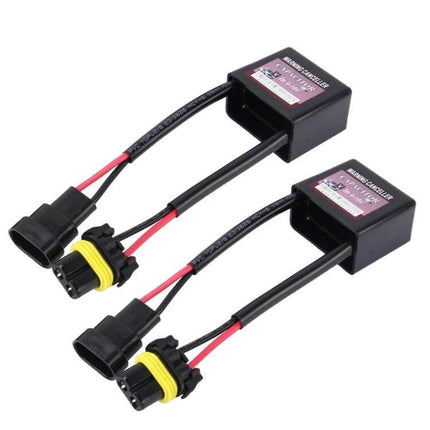 2-Pack HID Canbus Decoder For Cars - Anti-Flicker Adapters showing two black anti-flicker capacitors with wiring and connectors for HID kits