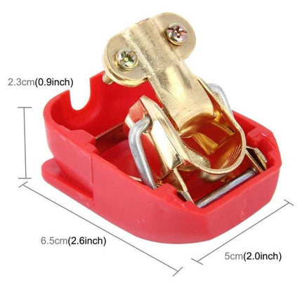 Car Battery Quick Release Connectors Red Positive Blue Negative - red insulated quick-release positive clamp shown with gold terminal and measurements