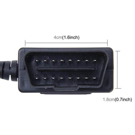 OBDII Car Charging Cable With Switch Button For GPS And Phone - close-up of OBD2 plug with 16 pins and cable, dimensions 4cm x 1.8cm