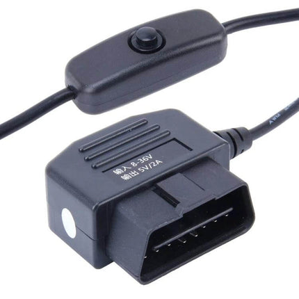 OBDII Car Charging Cable With Switch Button For GPS And Phone - OBD2 to 5V USB adapter with inline power switch and 3.4m cable for GPS, phone, dashcam