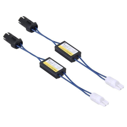 2-Pack T10 Car LED Decoder For Error-Free Clearance Lights - pair of inline LED decoders with aluminum housing and wiring for European car clearance lights