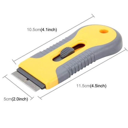 Aluminum Scalable Knife for Car Window and Film Cleaning – yellow ergonomic scraper with sliding blade for removing dirt and film (compact 11.5cm)