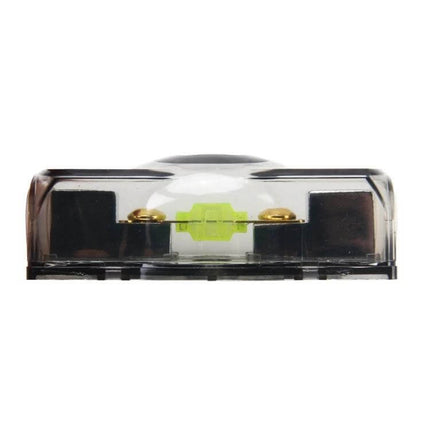Car Audio Blade Fuse Holder Bolt-On For Safe Easy Vehicle Wiring front view clear cover with green blade fuse and bolt-on terminals