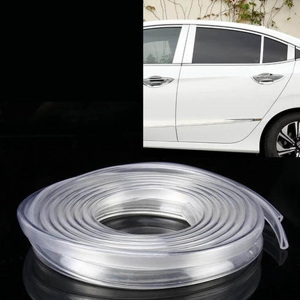 5.6m Flexible Rubber Decorative Strip for Car Doors and Windows installed on white sedan door edge, clear flexible rubber trim roll coiled