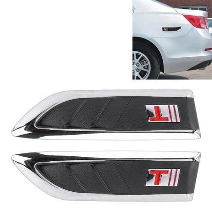 Decorative Stickers for Car Side Air Intake Vents, 2-Pack black 3D peel-and-stick vent accents shown on white sedan