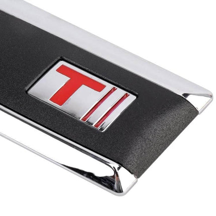 Decorative Stickers for Car Side Air Intake Vents, 2-Pack — close-up 3D chrome and red T emblem vent sticker for vehicle side intake