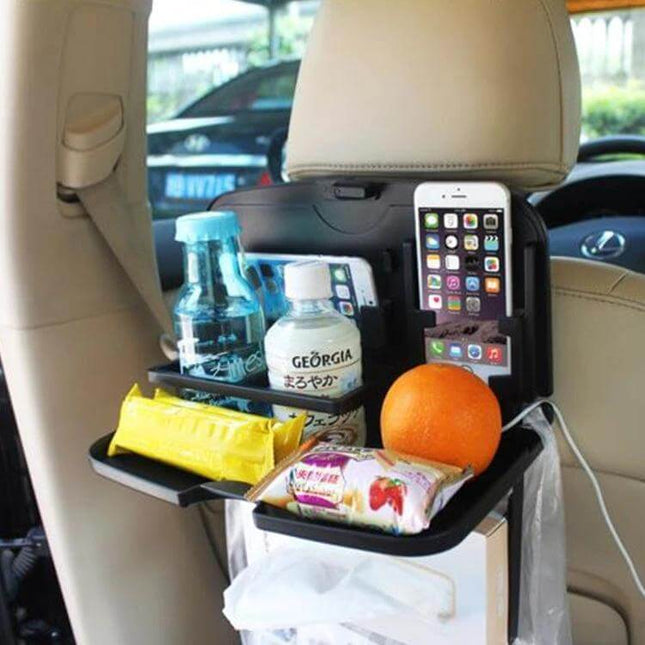 Shunwei Foldable Backseat Tray for Car Travel and Dining showing drinks, snacks, phone stand and cup holders neatly organized on backseat