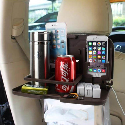 Shunwei Foldable Backseat Tray for Car Travel and Dining with cup holder, phone stand and dining surface in use