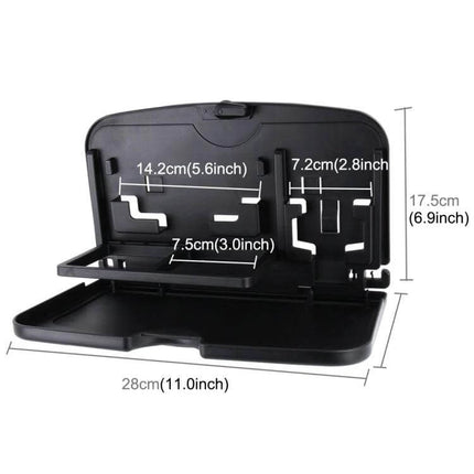Shunwei Foldable Backseat Tray for Car Travel and Dining - black ABS foldable backseat tray with cup holder, phone stand and measurements shown