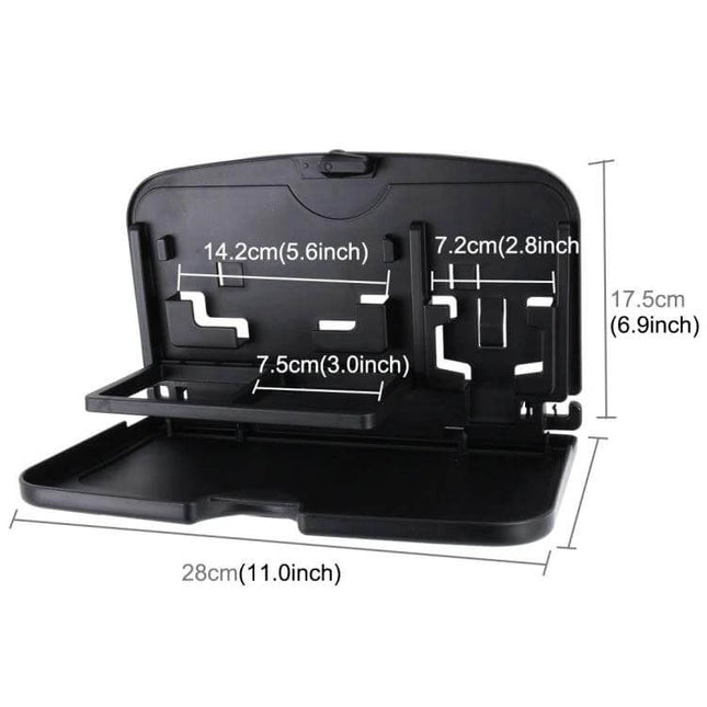 Shunwei Foldable Backseat Tray for Car Travel and Dining - black ABS foldable backseat tray with cup holder, phone stand and measurements shown