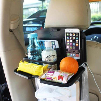 Shunwei Foldable Backseat Tray for Car Travel and Dining holding drinks, snacks, phone and cup holders in backseat