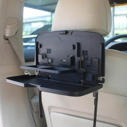 Shunwei Foldable Backseat Tray for Car Travel and Dining attached to headrest as dining table, cup holder and phone stand in backseat