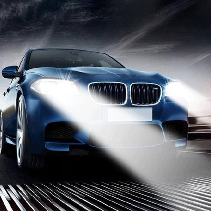 D1S HID Headlight Bulbs for Cars, 2-Pack, Everyday Driving shining bright on a blue sedan at night, 35W, up to 3800 lumens