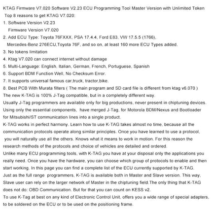 KTAG Tool for Everyday Vehicle Maintenance and Repairs - ECU programming and diagnostics tool supporting 160+ ECUs, no token limits, home or workshop use