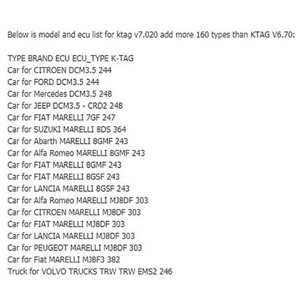 KTAG Tool for Everyday Vehicle Maintenance and Repairs - ECU model list showing supported car brands and ECU types for home and workshop use