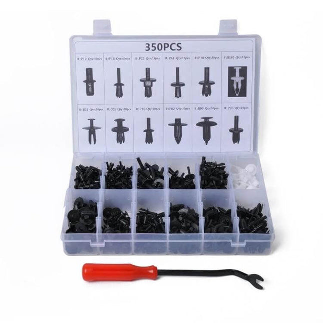 Universal Car Retainer Clips Assortment for Auto Fastening, 350 Pieces - plastic clip kit with organizer box and removal tool