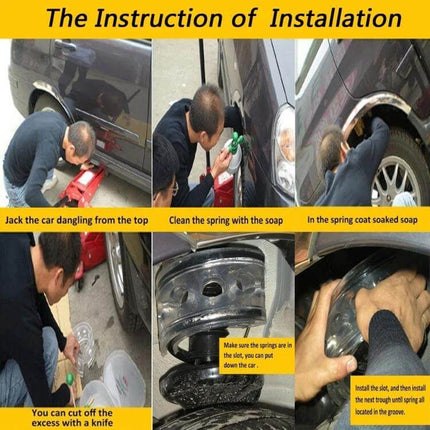 Car Shock Absorber Spring Buffer for Auto Bumpers and Frames installed on car bumper showing cleaning, soap application and placement instructions