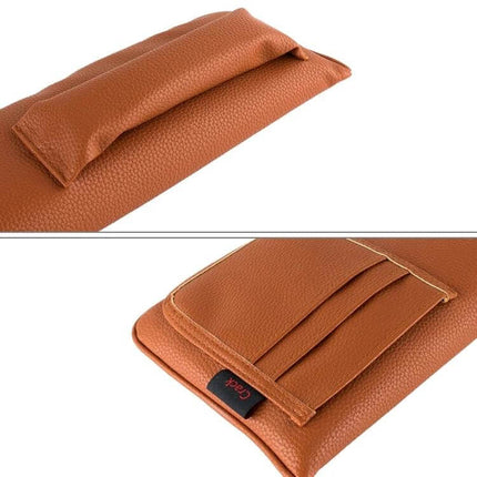 Universal Car Seat Gap Filler Organizer for Daily Essentials brown leather-look organizer showing pocket and stitching