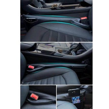 Universal Car Seat Gap Filler Organizer for Daily Essentials placed between car seats holding phone sunglasses and cards