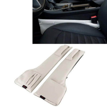 Universal Car Seat Gap Filler Organizer for Daily Essentials in beige leather preventing items from falling between seats