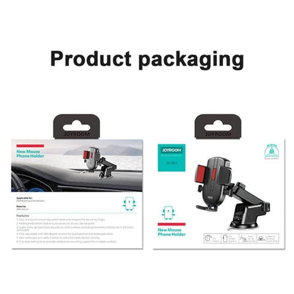 JOYROOM Adjustable Car Phone Holder for Secure Mounting shown in retail product packaging with dashboard mount and suction base