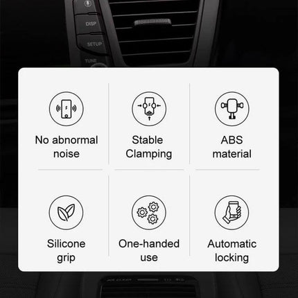 JOYROOM Adjustable Car Phone Holder for Secure Mounting showing stable clamping, silicone grip, ABS material, one-handed use, automatic locking