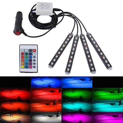 Car Interior RGB LED Light With Wireless Remote Control showing 4 LED strips, cigarette lighter power, controller and color options