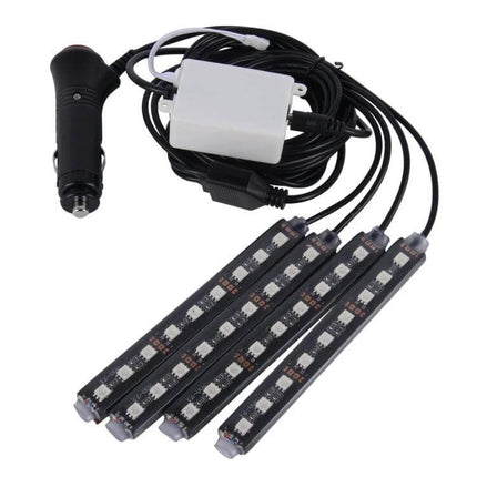 Car Interior RGB LED Light With Wireless Remote Control – 4-strip plug-and-play kit with cigarette lighter power and wireless remote for dash and footwell accent lighting