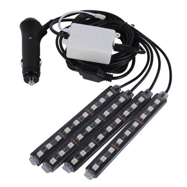Car Interior RGB LED Light With Wireless Remote Control – 4-strip plug-and-play kit with cigarette lighter power and wireless remote for dash and footwell accent lighting