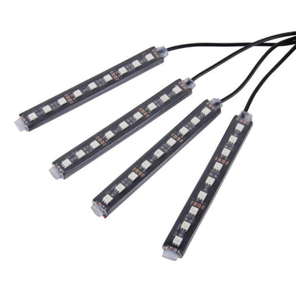 Car Interior RGB LED Light With Wireless Remote Control - 4-pack slim LED strips with wires for dash, footwell, plug-and-play cigarette lighter powered lighting