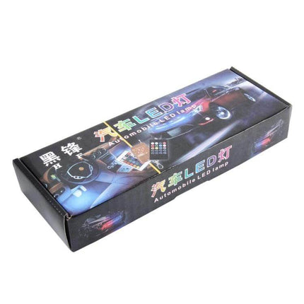 Car Interior RGB LED Light With Wireless Remote Control packaged box showing remote and car interior placement, plug-and-play cigarette lighter powered