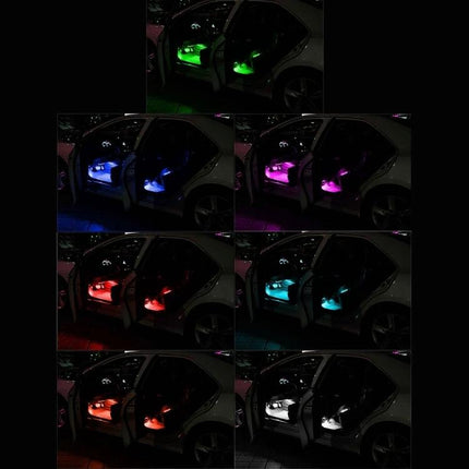 Car Interior RGB LED Light With Wireless Remote Control showing multiple color modes illuminating car footwells and door panels